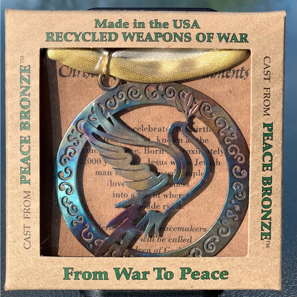 Bronze Peace Love Dove Ornament with Yellow Ribbon